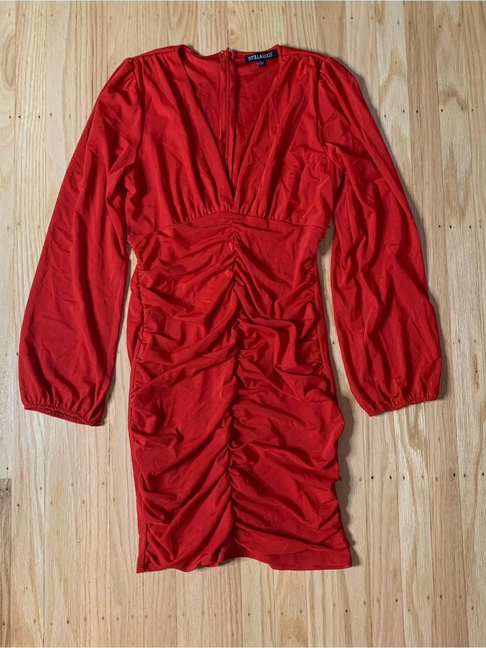Stella Luce Red Long Sleeve Mini Dress with Ruched Detailing and Back Zipper